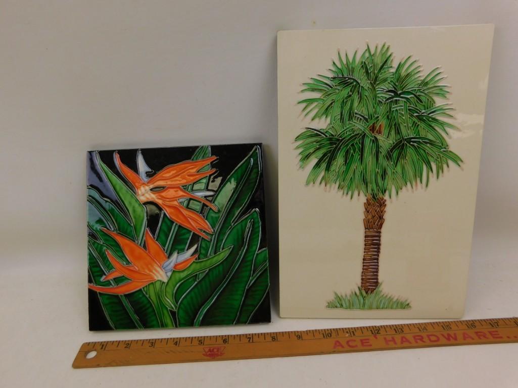 Pair of Ceramic Tile Wall Hangings Palm Tree and: Pair of Ceramic Tile Wall Hangings Palm Tree and Flowers