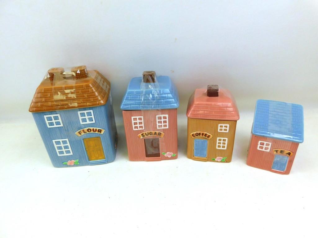 Set of Ceramic Heartland Village Farmhouse Canisters: Set of Ceramic Heartland Village Farmhouse Canisters Includes Flour, Sugar, Coffee, Tea Made in Japan
