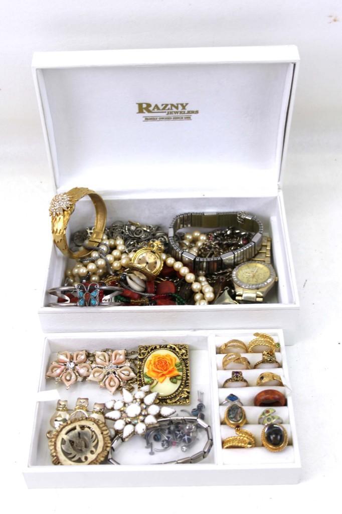 Jewelry Box Filled with Costume Jewelry incl Vintage: Jewelry Box Filled with Costume Jewelry and Watches incl Vintage