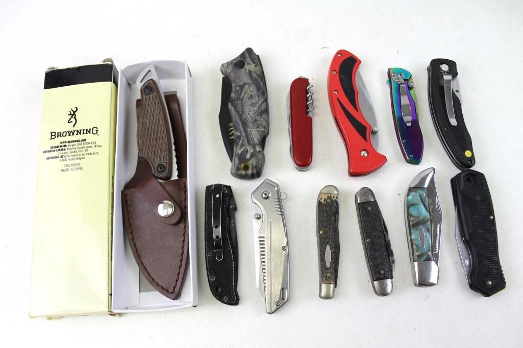 Knife Lot incl Browning , Elk Foundation , Swiss Army: Lot of knives including Browning , Elk Foundation , and Swiss Army . Mostlly pocket knives