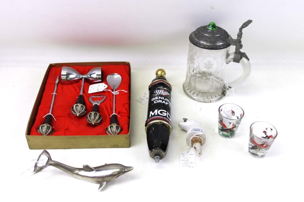 Vintage Bar Lot incl Dolphin Bottle Opener , Stein,: Vintage Bar Lot incl Dolphin Bottle Opener , Stein, Beer Tapper , Shot Glasses , Etc