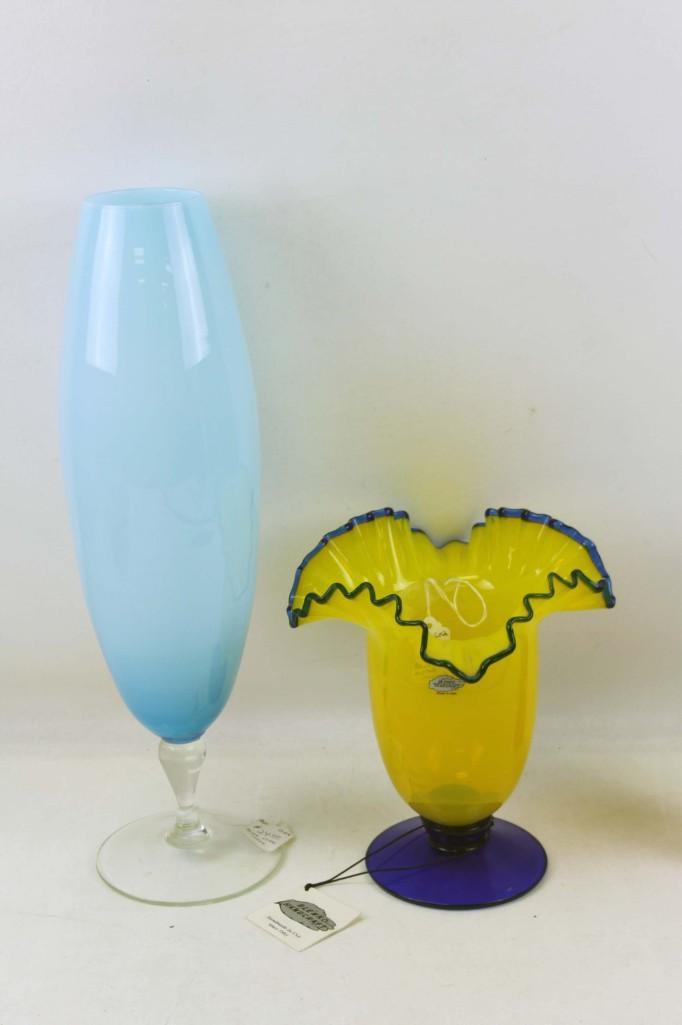 2 Art Glass Vases incl Blenko Yellow and Blue Vase and: Lot of 2 art glass vases included a Blenko yellow and blue footed fase with a ruffled edge and a blue footed vase with an unknown maker