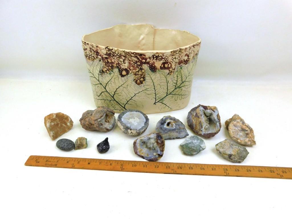 Lot of Geodes , Rocks , Stones , and a Pottery Vase: Lot of Geodes , Rocks , Stones , and an Art Pottery Vase Signed La Tulip