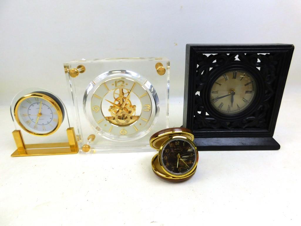 Lot of 4 Desk Clocks including Wind up Seth Thomas: Lot of 4 Desk Clocks including Wind up Seth Thomas and a neat transparent Seiko