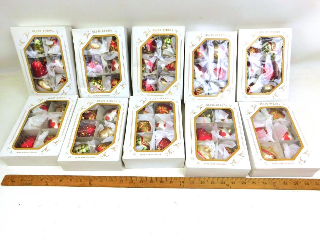 Lot of 10 Boxes of Glass Europa Christmas Ornaments: Lot of 10 Boxes of Glass Europa Christmas Ornaments Hand Made in Poland