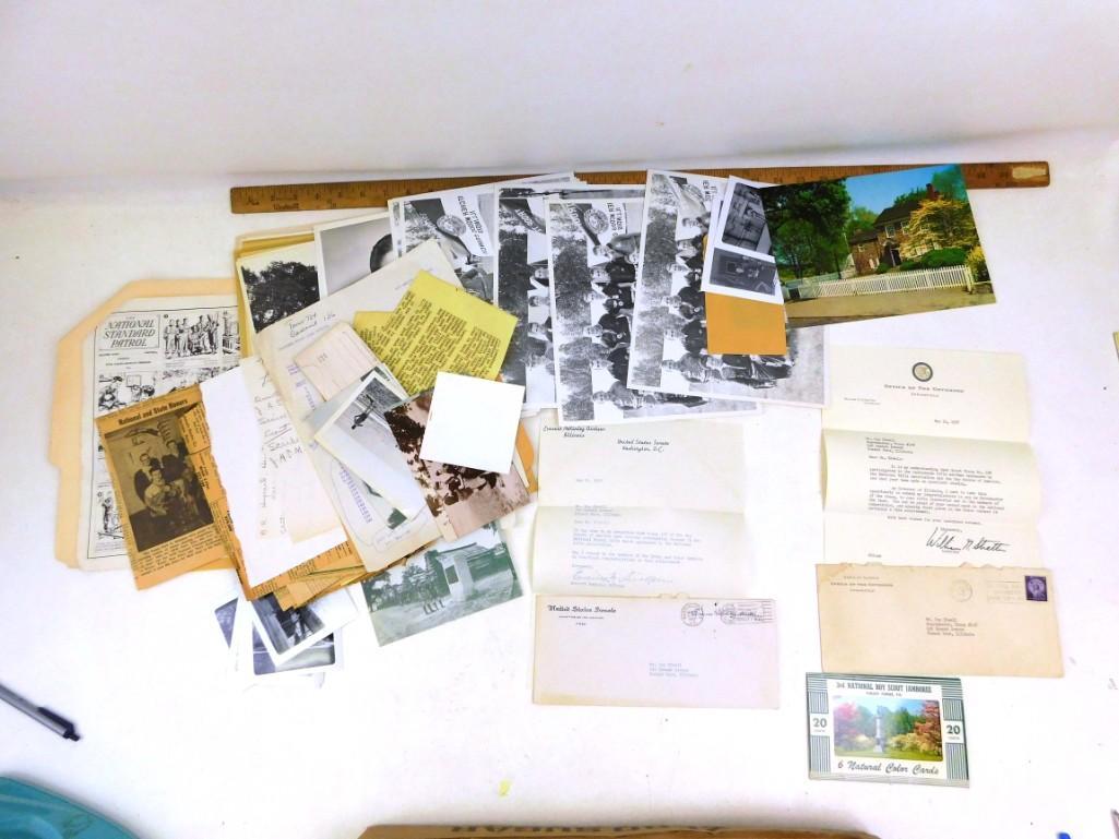 Huge Lot of Vintage Boy Scout Ephemera including Signed: Huge Lot of Vintage Boy Scout Ephemera and pictures including Signed Letter from Illinois Governor William G. Stratton. Stratton was one of the few Illinois Governors to not go to prison (he was charg