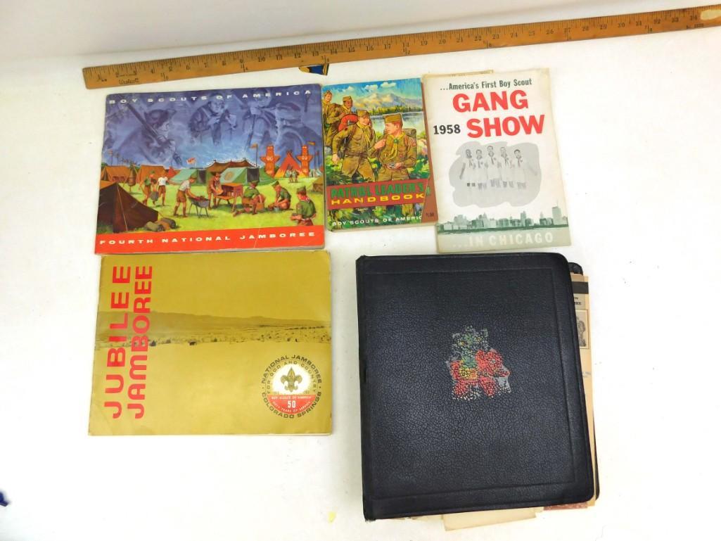 Lot of Vintage Boy Scouts Books and Paperwork: Lot of Vintage Boy Scouts Books and Paperwork Includes Jamboree books, Patrol Leader's Handbook, 1958 Gang Show, Boy Scout Program Quarterly, etc.