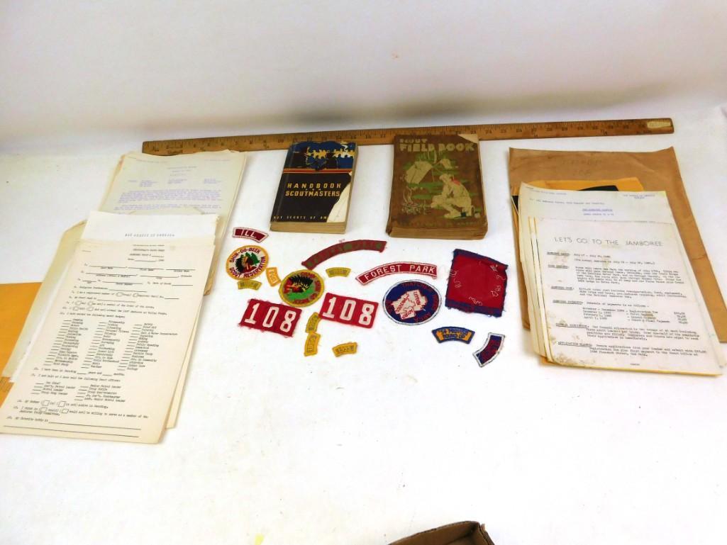 Large Boy Scout Lot including 1944 Field Scout Book and: Large Boy Scout Lot including 1944 Field Scout Book and 1953 Handbook Lots of patches and other Boyscout Ephemera