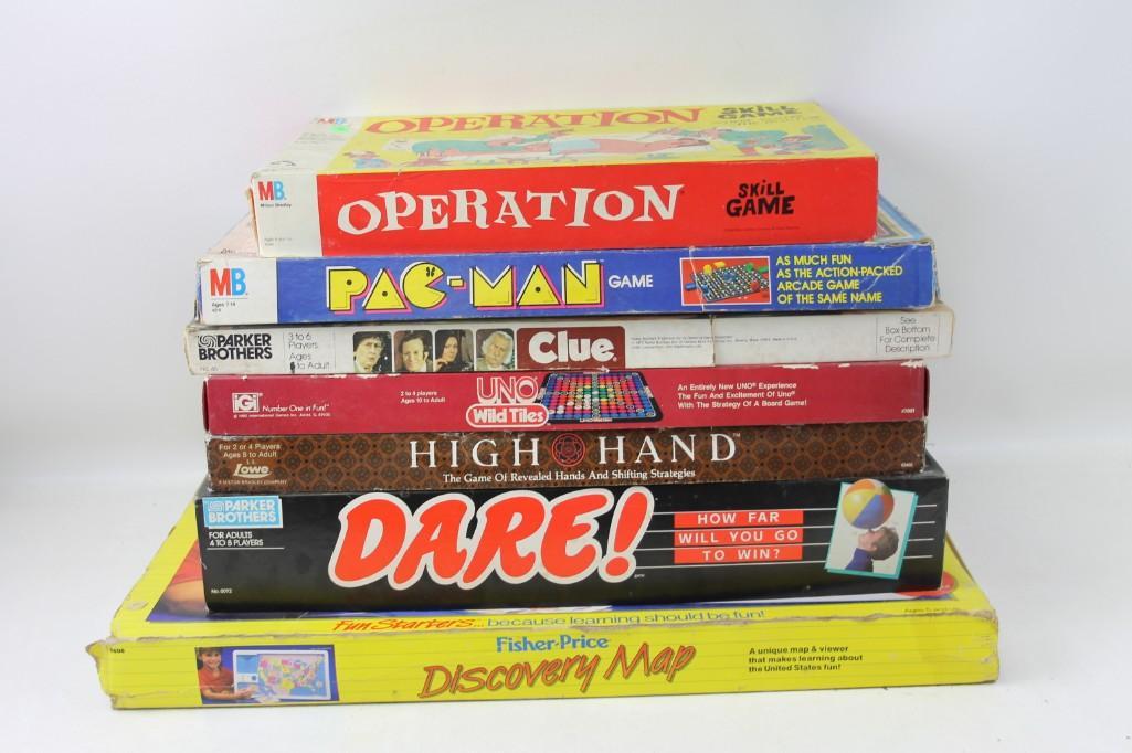 Lot of Vintage Board Games incl Pac Man Game: Lot of Vintage Board Games incl Pac-Man Game , Uno Wild Tiles , High Hand , Dare , etc Condition: unchecked for completeness