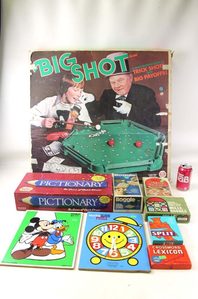 Lot of Games and Puzzles incl Vintage: Lot of Games and Puzzles incl Vintage . Includes Big Shot , Mille Bornes , Split , Crossword Lexicon , Disney Puzzle , Clock Puzzle , etc Condition: Unchecked for completeness