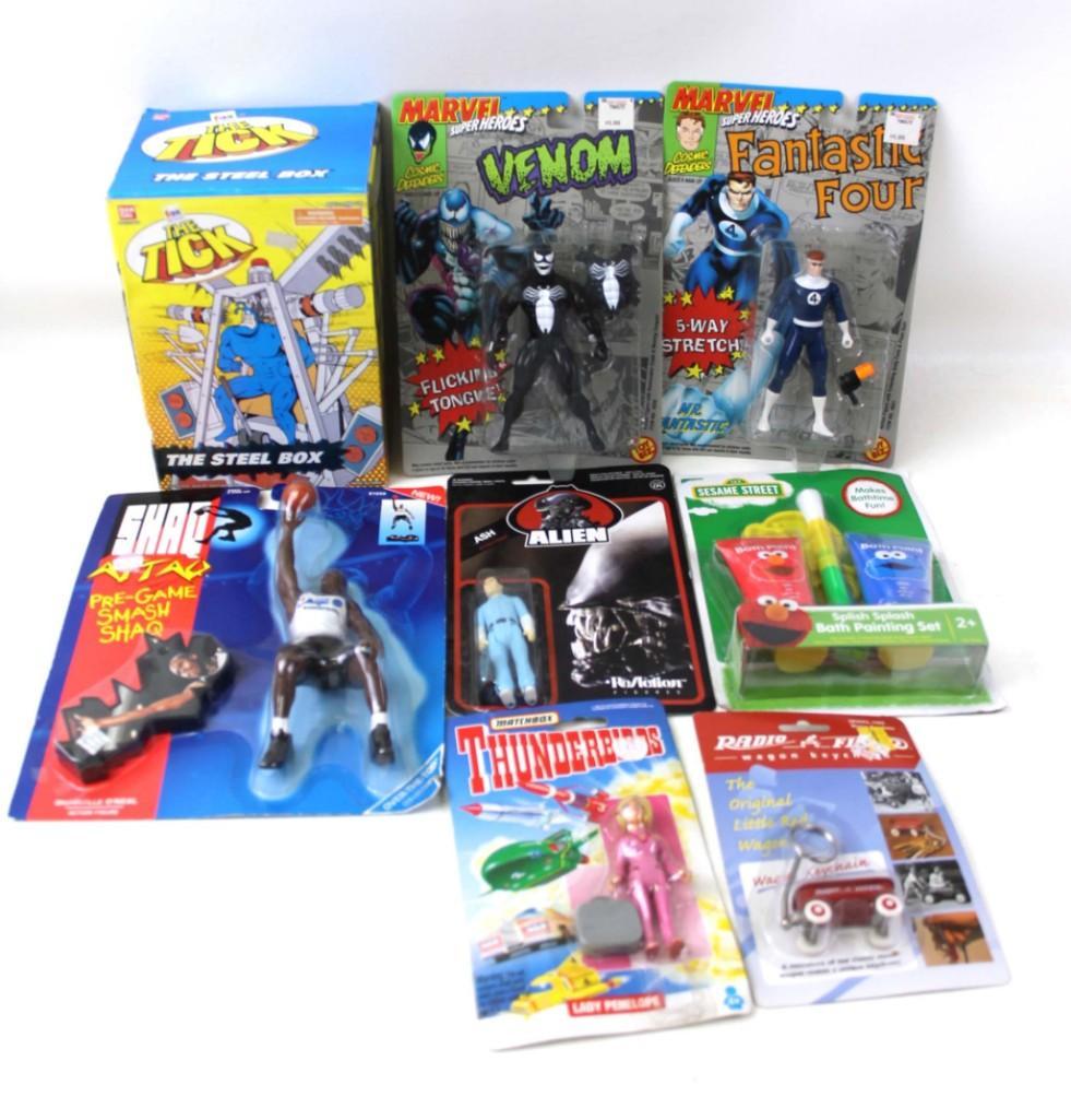 Lot of New in Package Small Toys incl Marvel Action: Lot of New in Package Small Toys incl Marvel Action Figures , Sesame Street Bath Painting Set , Alien Ash Action Figure , Shaq AttaQ Action Figure , Tiny Radio Flyer Keychain , Matchbox Thunderbi