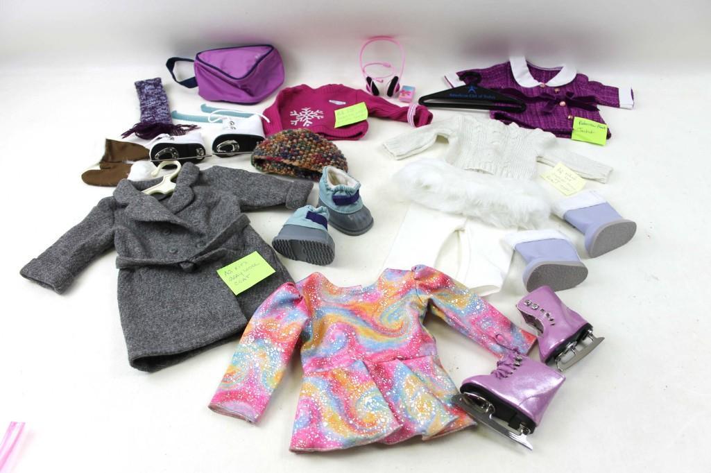 Lot of American Girl Doll Outfits incl Kit's Wool Coat: American Girl Doll Outfits and Accessories incl Kit's Wool Coat & Boots , Purple Skates Note: The pastel skater outfit is NOT American Girl