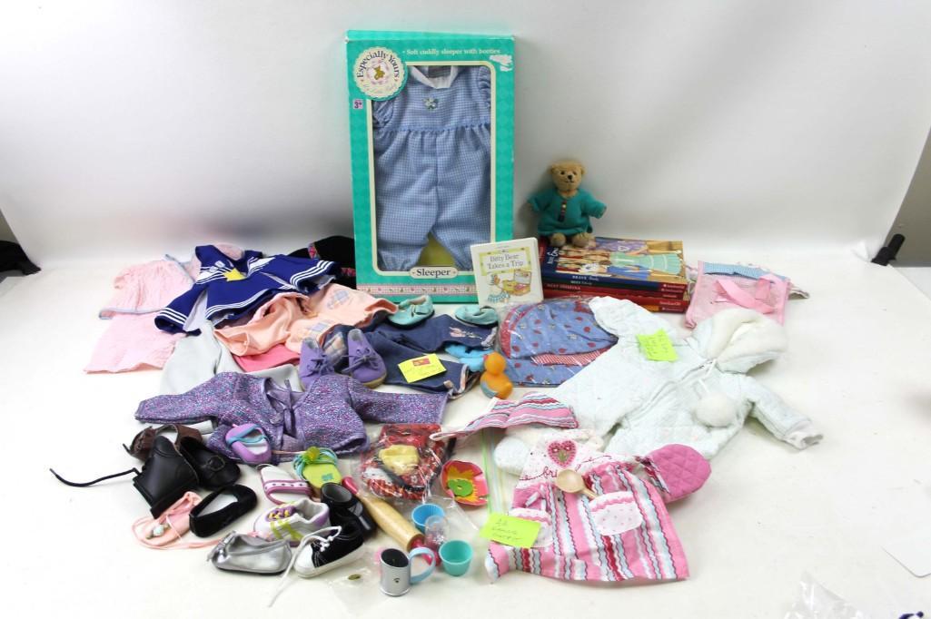 Lot of Misc American Girl Items: Includes American Girl Bitty Baby Doll Clothes and NON American Girl Bitty Baby Outfits , American Girl Books and UNMATCHED American Girl Shoes
