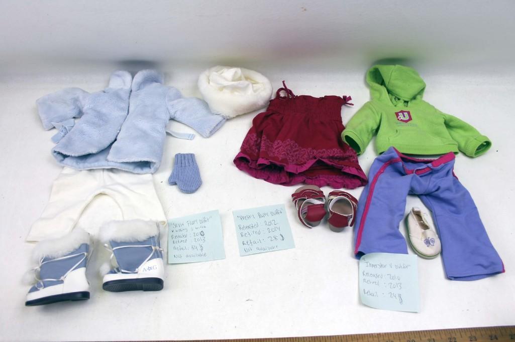 American Girl Doll Outfits incl Slow Flurry , Pretty: Lot of 3 American Girl Doll Outfits including the Slow Flurry Outfit (released in 2010 and retired in 2013), Pretty Party Outfit (released in 2012 and retired in 2014), and the Innerstar University Ou
