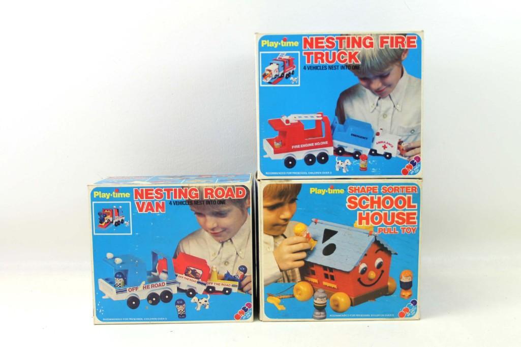 1980s Play Time Enco Toys incl Nesting Fire Truck ,: 1980s Play Time Enco Toys incl Nesting Fire Truck , Nesting Road Van , and Shape Sorter School House all in original boxes