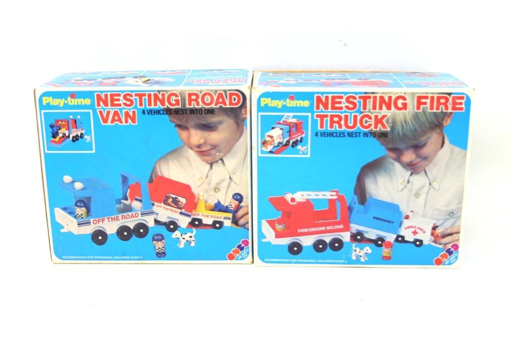 1980s Play Time Enco Toys incl Nesting Fire Truck and: 1980s Play Time Enco Toys incl Nesting Fire Truck and Nesting Road Van