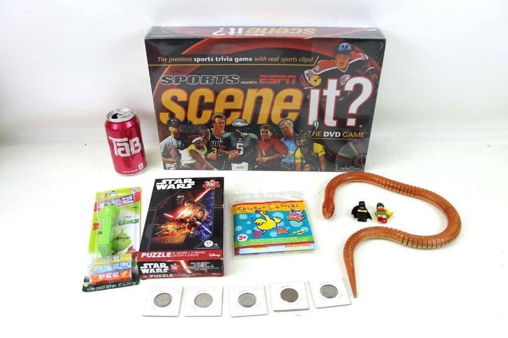 Toy Lot incl Grinch Pez , Casino Tokens , Star Wars: Toy Lot incl Grinch Pez Dispenser , Casino Tokens , Star Wars Puzzle , Chicken Socks , Sports Scene It Game New in Package , Creepy Snake , Etc