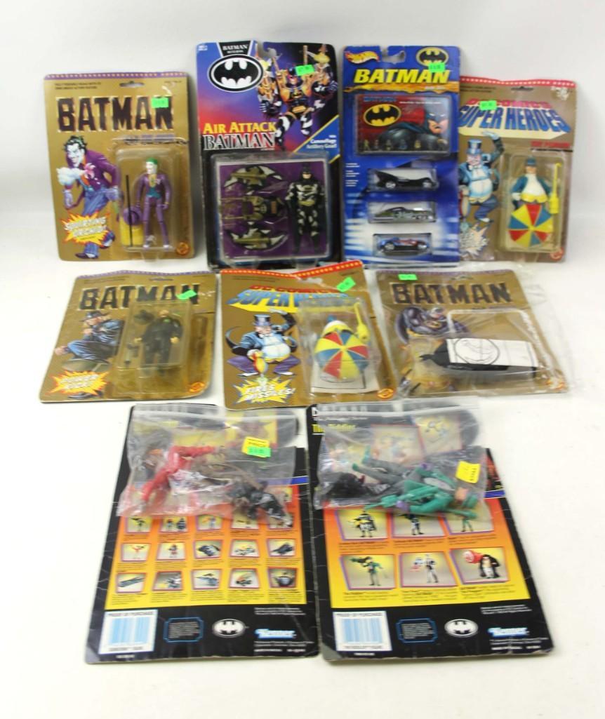 Lot of Batman Action Figures and Hot Wheels: Lot of Batman Action Figures and Hot Wheels includes DC Comics Super Heroes Penguin Villain Action Figure 1989 Toy Biz Condition: Some of the packages have been opened. Please see all pict