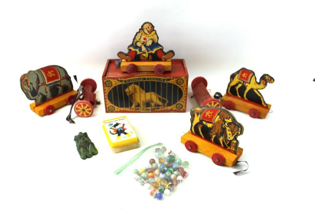 Vintage Toy Lot incl Marbles , Kiddie Circus Wagon Toy: Vintage Toy Lot incl Marbles , Kiddie Circus Wagon Toy , Etc Condition: Wheels are off the circus wagon