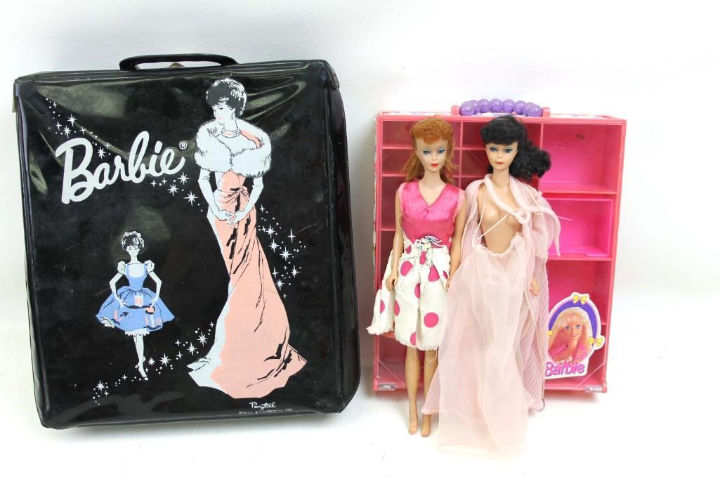 Early 1960s Ponytail Barbies Straight Leg Mattel Made: Early 1960s Ponytail Barbies Straight Leg Mattel Made in Japan with Vintage Case plus some accessories and a newer Barbie Condition: One has a split face . Please see all pictures