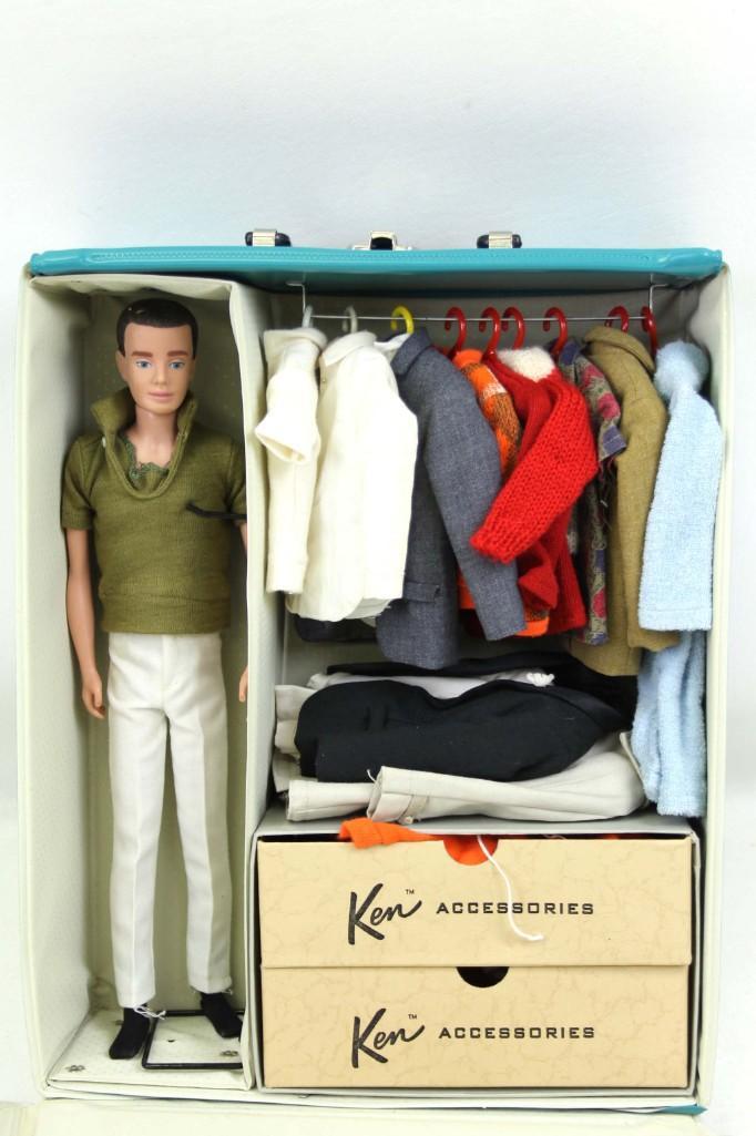 Vtg 1960s Flocked Hair Brunette Ken w Wardrobe and Case: Vintage 1960's Flocked Hair Brunette Ken with Wardrobe including jackets, pants, sweaters , shoes , accessories , etc and teal colored Ken Case by Mattel