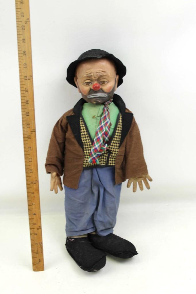 Vintage Emmett Kelly Doll: Vintage Emmett Kelly Hobo Clown Doll Condition: Has a stain and a rip on his shirt