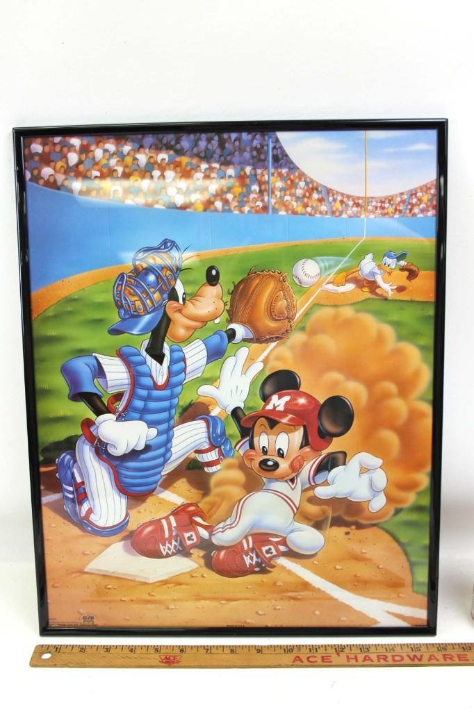 Framed Disney Mickey Mouse , Goofy , Donald Duck Poster: Framed Disney Mickey Mouse , Goofy , Donald Duck playing baseball Poster . Measures about 16" x 20"