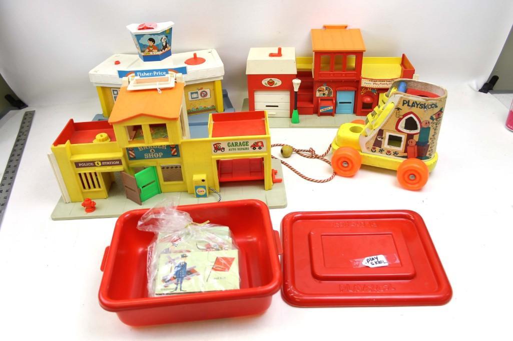 Lot of Fisher Price and Playskool Toys and Buildings: Includes the Fisher Price Play Family Village Fire House , Airport Building , Barber Shop / Garage / Police Station , Playskool Shoe Pull Toy (no little people) etc