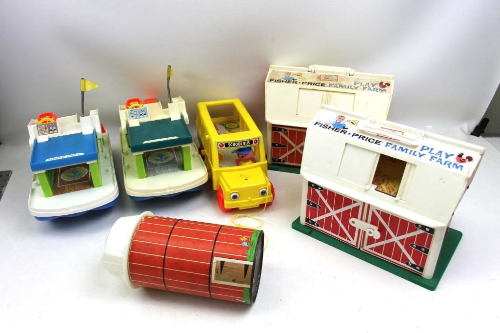 Lot of Fisher Price incl 2 Barns , 1 Silo , 2 Boats ,: Lot of Fisher Price incl 2 Play Family Farm Barns , 1 Silo , 2 House Boats , and a School Bus