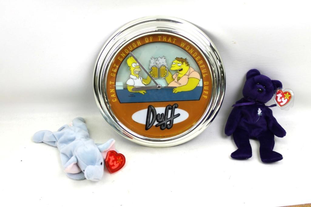 The Simpsons Duff Beer Clock and 2 Beanie Babies New: The Simpsons Duff Beer Clock and 2 Beanie Babies New with Tags Condition: clock is untested
