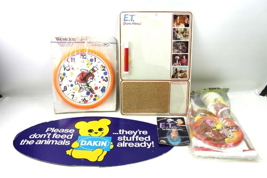 Toy and Advertising Lot incl Dakin Advertising Sign ,: Toy and Advertising Lot incl Dakin Advertising Sign , Kool Aid Man , ET , ALF Condition: Clear plastic on the front of the Kool Aid Man clock is cracked