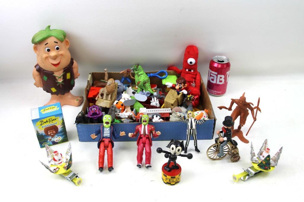 Lot of Toys incl Vintage Felix the Cat Dancing Puppet: Lot of Toys incl Vintage Felix the Cat Dancing Puppet , Bob Ross Bobblehead , Barney Rubble , Super Mario Bros Toy , Yo Gabba Gabba , Beetlejuice , etc