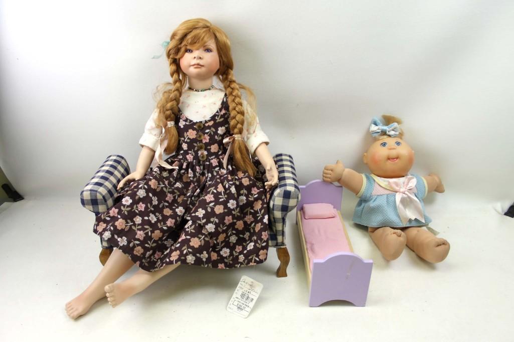 Porcelain Doll and a Cabbage Patch Kid Plus Doll: Porcelain Doll and a Cabbage Patch Kid Plus Doll Furniture
