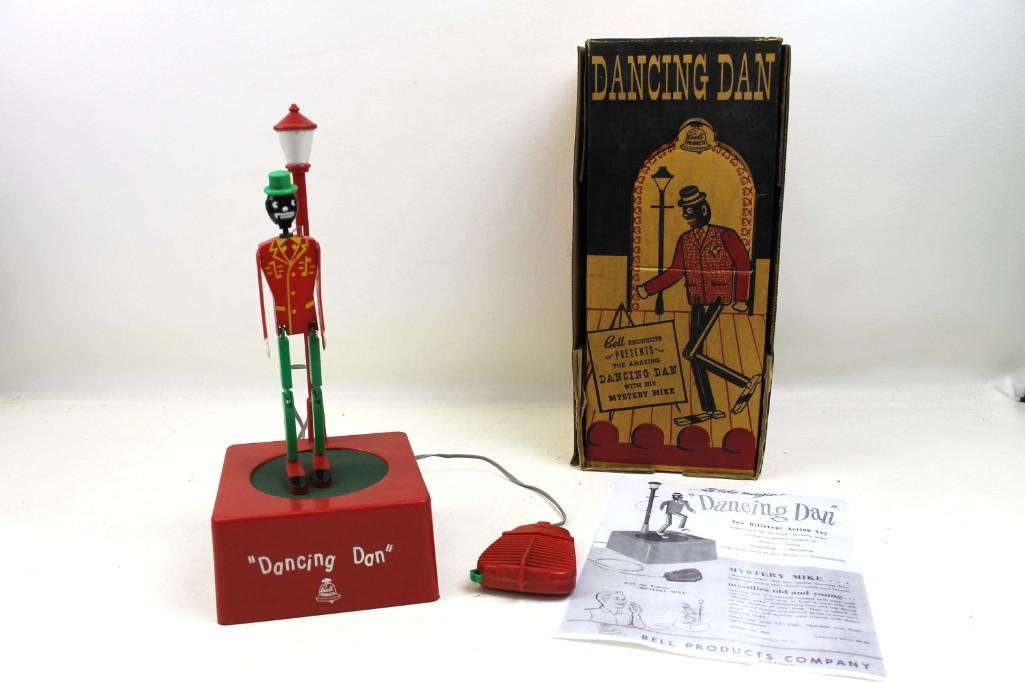 Dancing Dan with his Mystery Mike in Original Box 1950s: Dancing Dan with his Mystery Mike in Original Box 1950s Black Americana Toy from Bell Products Company Condition: Left leg is loose and will likely need repair , Untested