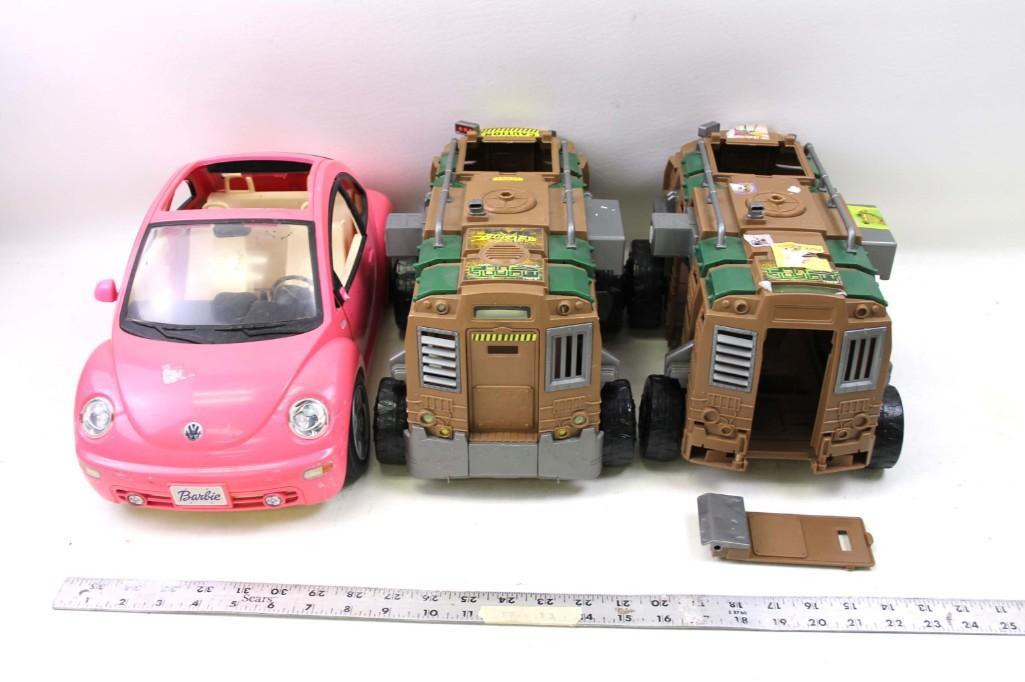 Barbie VW Beetle, two Military looking trucks: Barbie VW Beetle, two Military looking tactical transportation systems