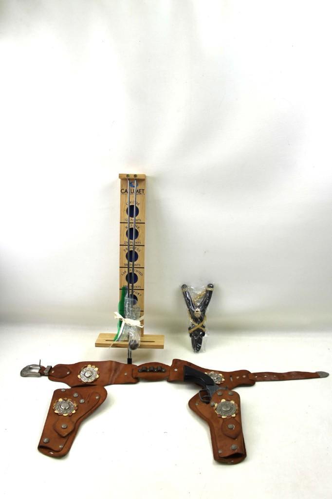 Misc. Toy Lot, Cap Gun with Holster, Calumet Marble: Misc. Toy Lot, Cap Gun with Holster, Calumet Marble Game, Sling Shot