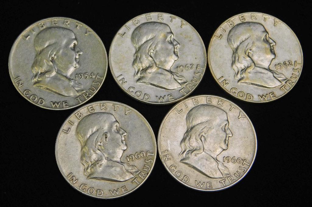 5 Ex Fine Franklin Half Dollars (1 of 2)