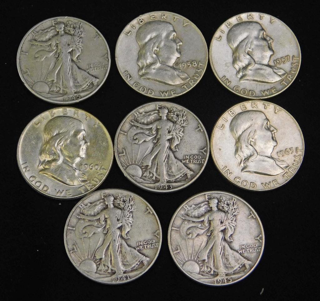 Lot of 8 Coins incl 4 Walking Liberty Half Dollars and (1 of 2)