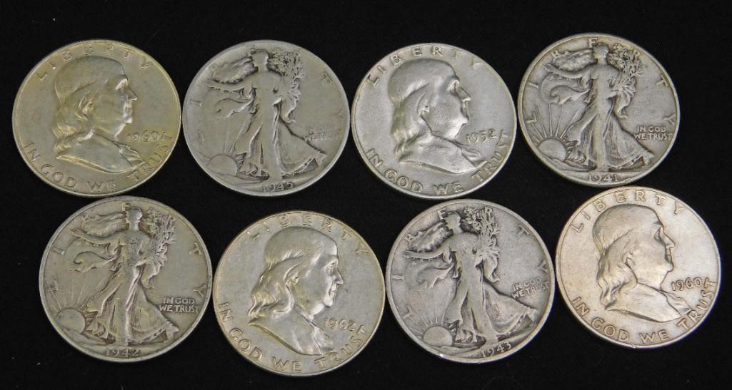 Lot of 8 Coins incl 4 Walking Liberty Half Dollars and (1 of 2)