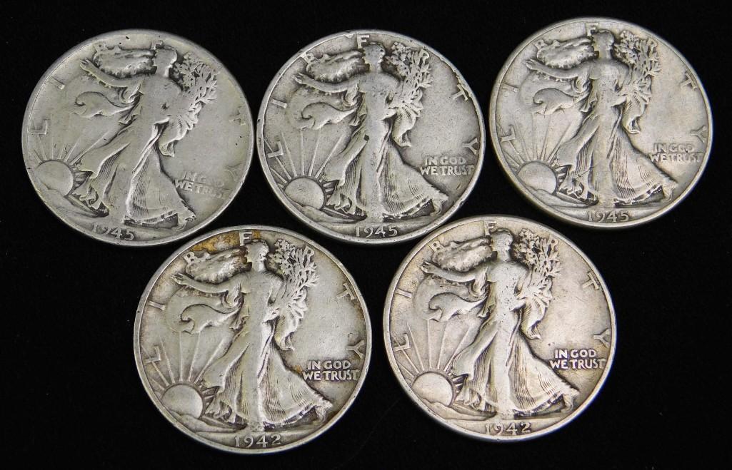 5 Walking Liberty Half Dollars (1 of 2)