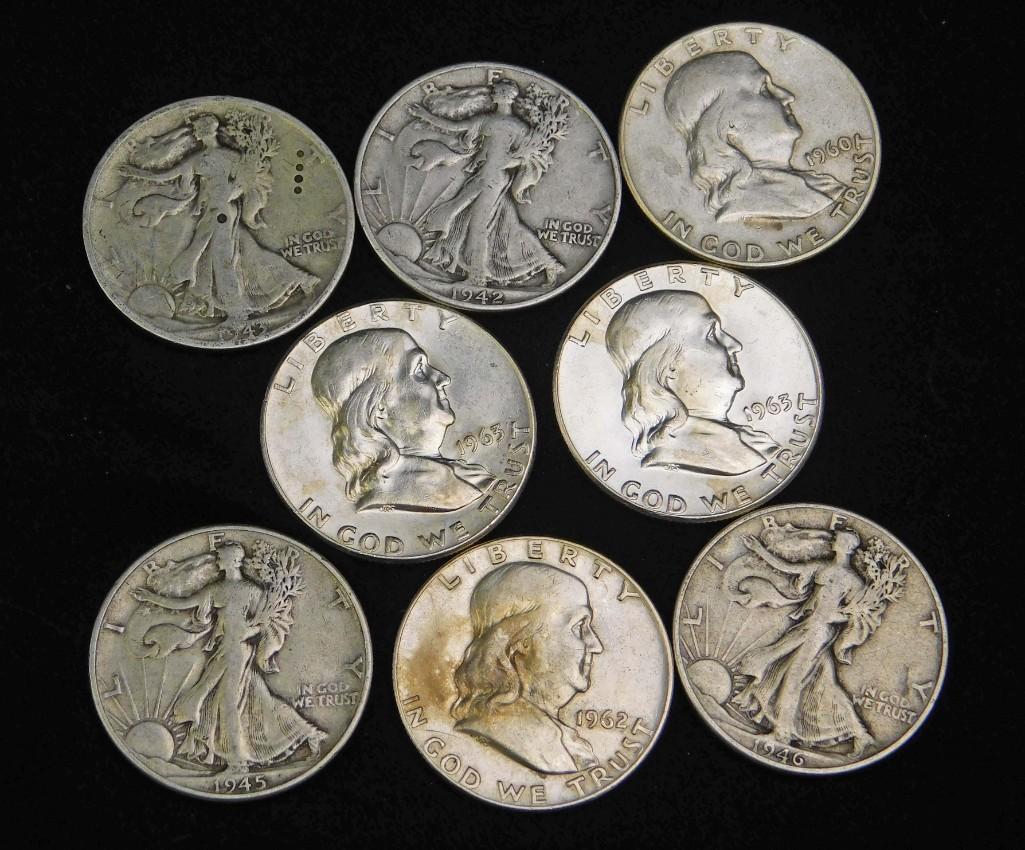 Lot of 8 Coins incl 4 Walking Liberty Half Dollars and (1 of 2)