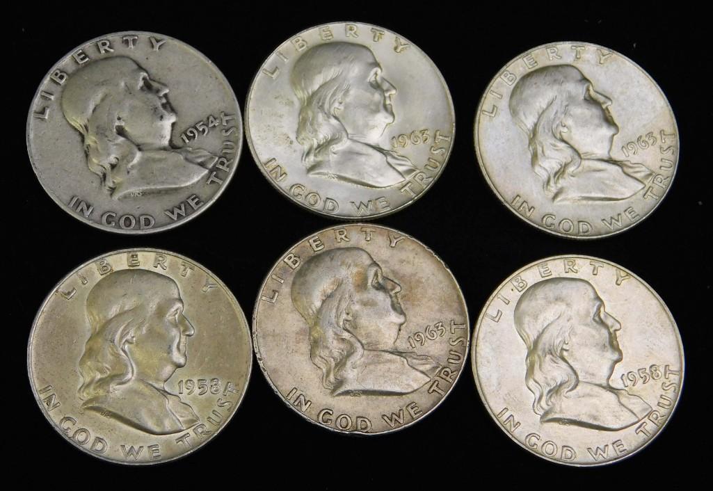 Lot of 6 Franklin Half Dollars (1 of 2)