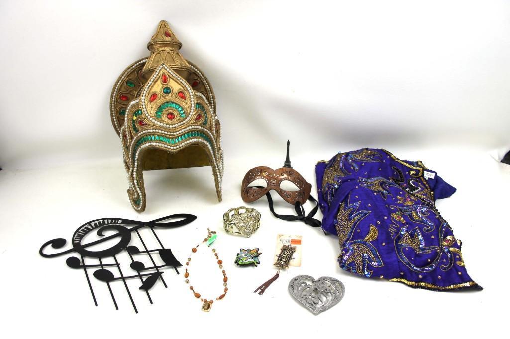 Lot of Collectibles incl Crown , Mask , Music Decor,: Lot of Collectibles incl Crown , Mask , Music Decor, Beaded Jacked, Etc
