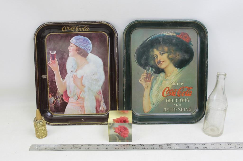 Lot of 2 Vintage Coca Cola Trays, Rose Paper Weight, (1 of 5)