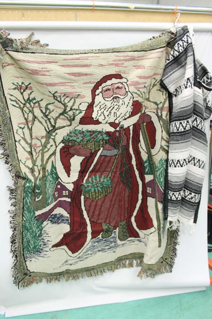 Christmas Santa Throw and a Poncho: Christmas Santa Throw and a black, gray, and white Poncho . Throw measures about 48" x 54"