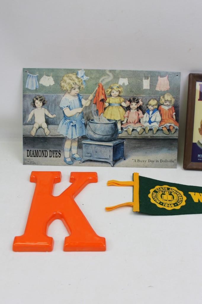 Advertisement Signs, Wayne State Pennant, K, etc.: Advertisements Signs, Wayne State Pennant, K, etc. Pete's Best Brand Apples (Probably not related to the former Beatle) Diamond Dyes, etc.