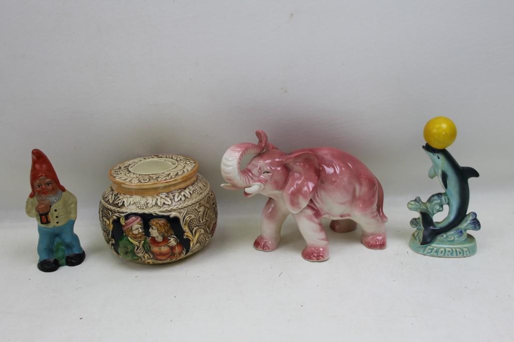 Lot of 4 figurines etc. gnome, elephant, dolphin, etc.: Lot of 4 figurines etc. gnome, elephant, dolphin, etc. husk on the elephant is broken Some made in Japan