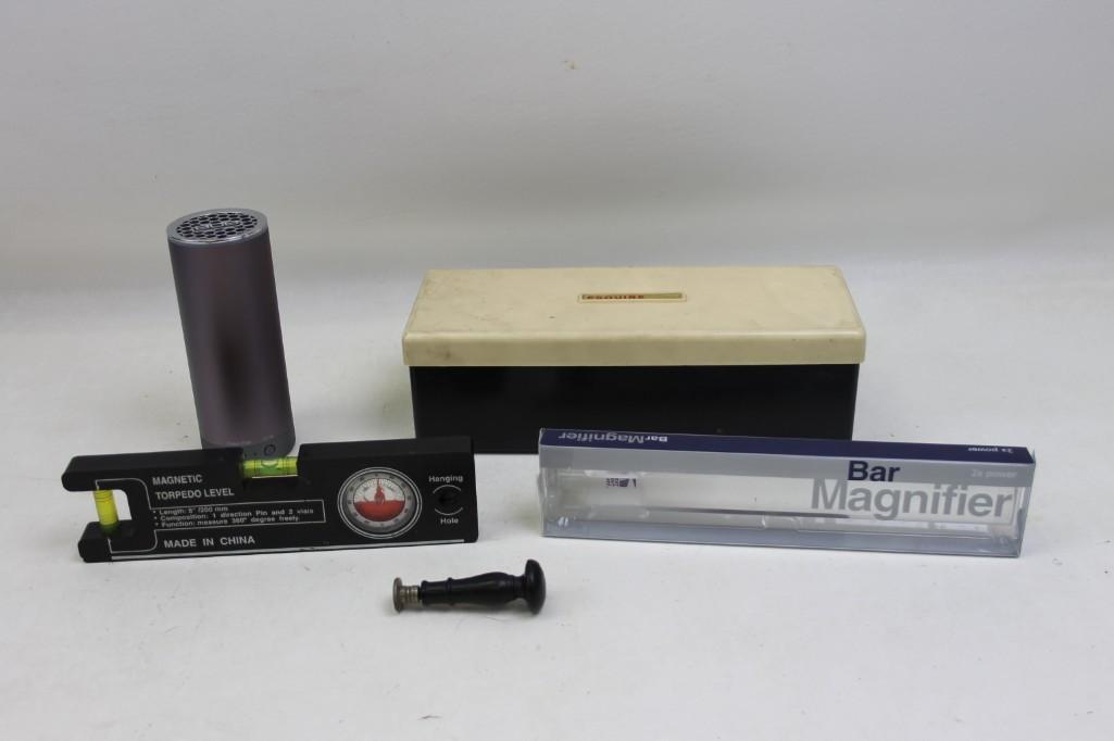 Misc. Lot Magnetic Torpedo Level, Bar Magnifier, (1 of 4)