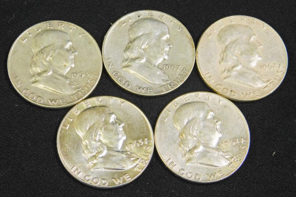 5 Franklin Half Dollars in Ex Fin - AU Condition (1 of 2)