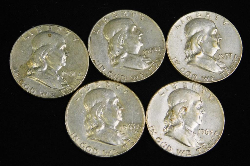5 Franklin Half Dollars in Ex Fin - AU Condition (1 of 2)